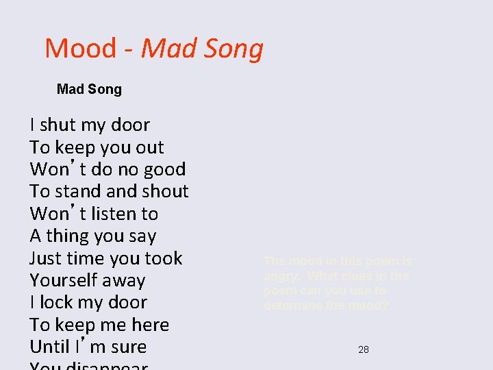Mood - Mad Song I shut my door To keep you out Won’t do