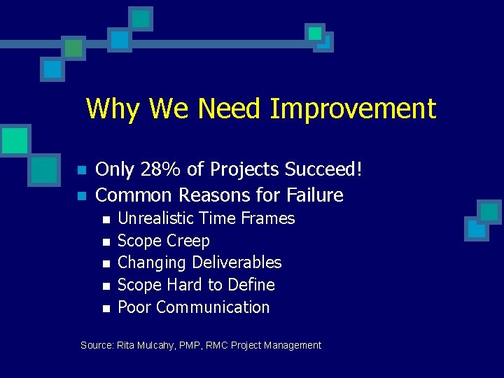 Why We Need Improvement n n Only 28% of Projects Succeed! Common Reasons for