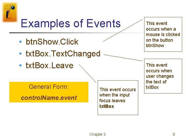 Examples of Events • btn. Show. Click • txt. Box. Text. Changed • txt. Examples of Events • btn. Show. Click • txt. Box. Text. Changed • txt.