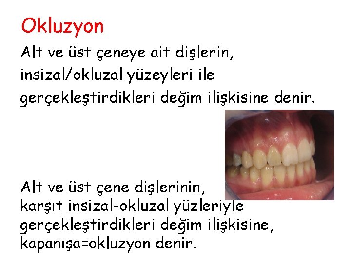 Okluzyon Alt ve üst çeneye ait dişlerin, insizal/okluzal yüzeyleri ile gerçekleştirdikleri değim ilişkisine denir.