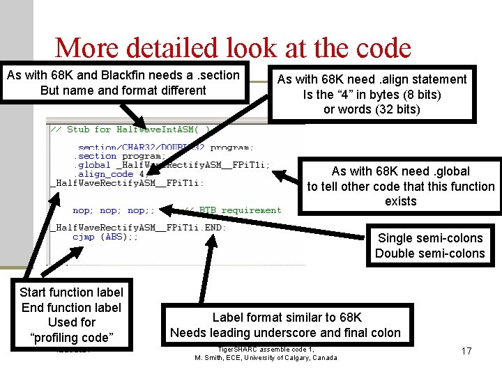More detailed look at the code As with 68 K and Blackfin needs a.