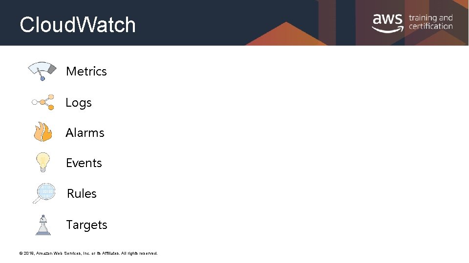 Cloud. Watch Metrics Logs Alarms Events Rules Targets © 2019, Amazon Web Services, Inc.