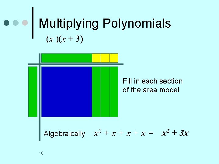 Multiplying Polynomials (x )(x + 3) Fill in each section of the area model