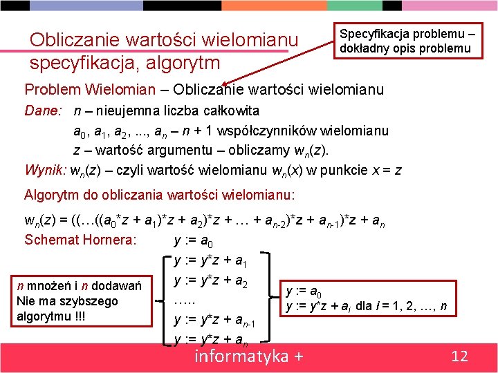 Obliczanie wartości wielomianu specyfikacja, algorytm Specyfikacja problemu – dokładny opis problemu Problem Wielomian –