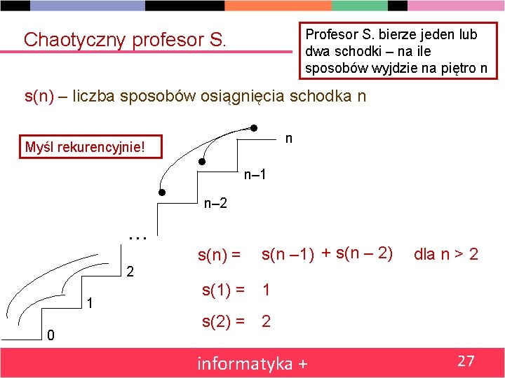 Profesor S. bierze jeden lub dwa schodki – na ile sposobów wyjdzie na piętro