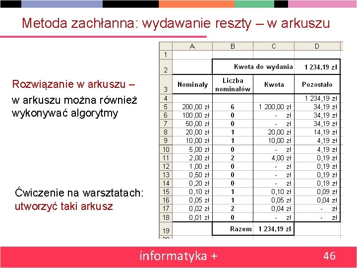 Metoda zachłanna: wydawanie reszty – w arkuszu Rozwiązanie w arkuszu – w arkuszu można