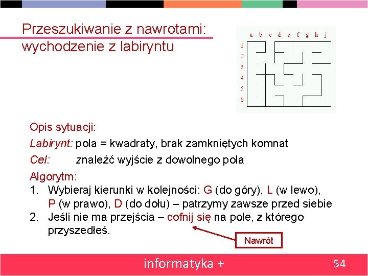 Przeszukiwanie z nawrotami: wychodzenie z labiryntu Opis sytuacji: Labirynt: pola = kwadraty, brak zamkniętych