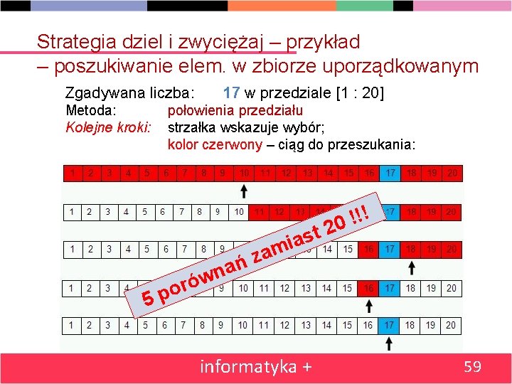 Strategia dziel i zwyciężaj – przykład – poszukiwanie elem. w zbiorze uporządkowanym Zgadywana liczba: