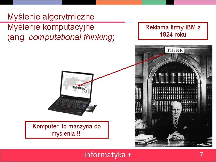 Myślenie algorytmiczne Myślenie komputacyjne (ang. computational thinking) Reklama firmy IBM z 1924 roku Komputer