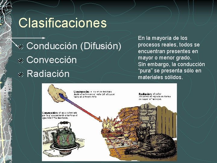 Clasificaciones Conducción (Difusión) Convección Radiación En la mayoría de los procesos reales, todos se