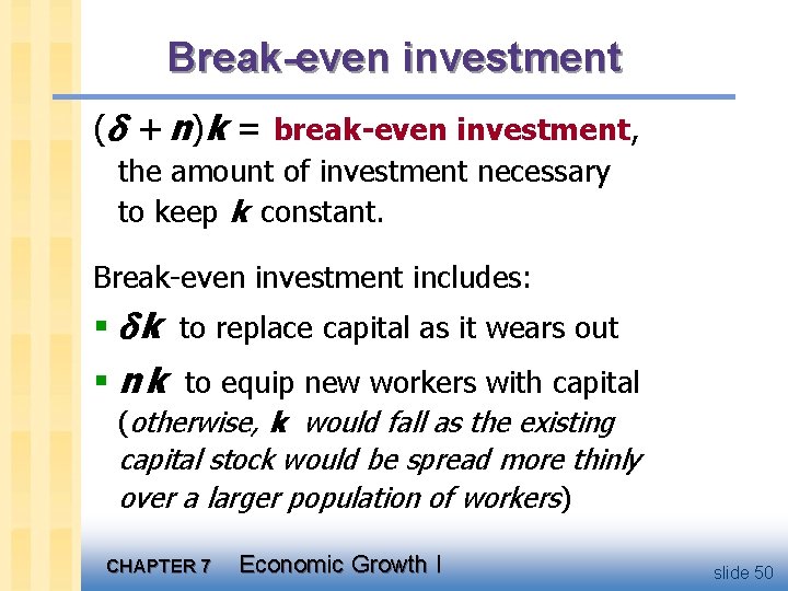 Break-even investment ( + n)k = break-even investment, the amount of investment necessary to