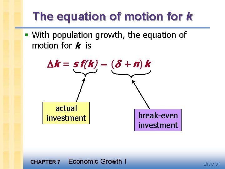 The equation of motion for k § With population growth, the equation of motion