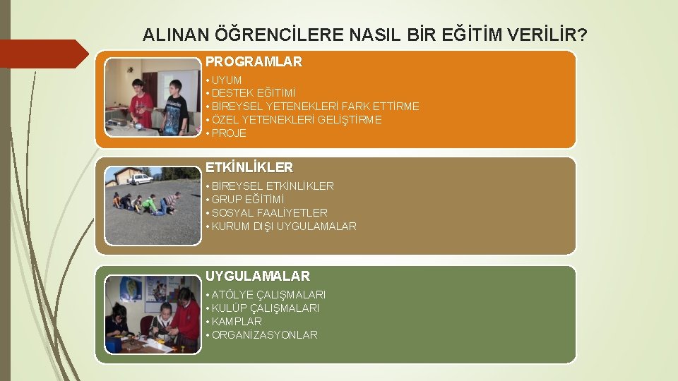 ALINAN ÖĞRENCİLERE NASIL BİR EĞİTİM VERİLİR? PROGRAMLAR • UYUM • DESTEK EĞİTİMİ • BİREYSEL