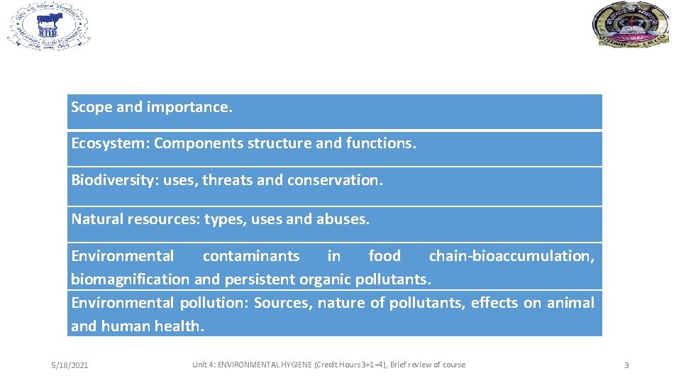 Scope and importance. Ecosystem: Components structure and functions. Biodiversity: uses, threats and conservation. Natural