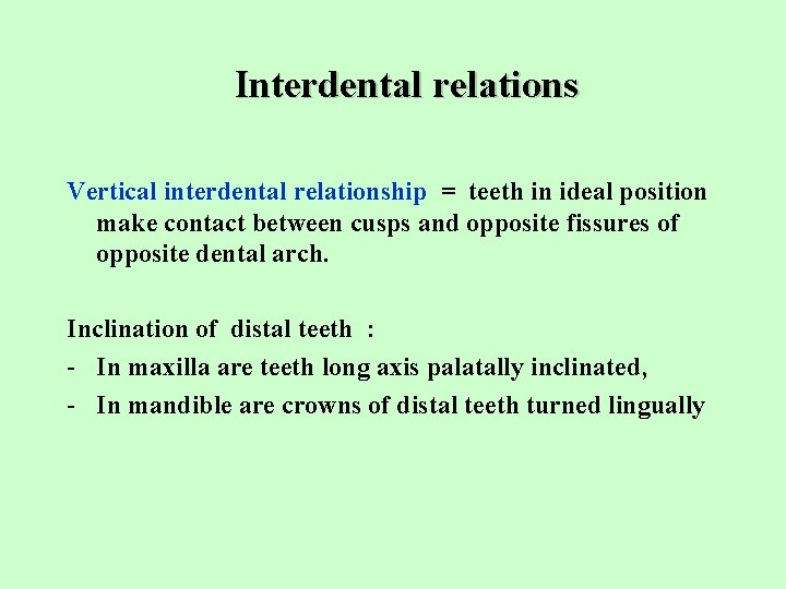 Interdental relations Vertical interdental relationship = teeth in ideal position make contact between cusps