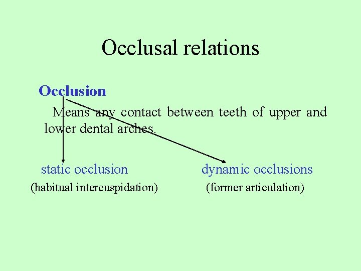 Occlusal relations Occlusion Means any contact between teeth of upper and lower dental arches.