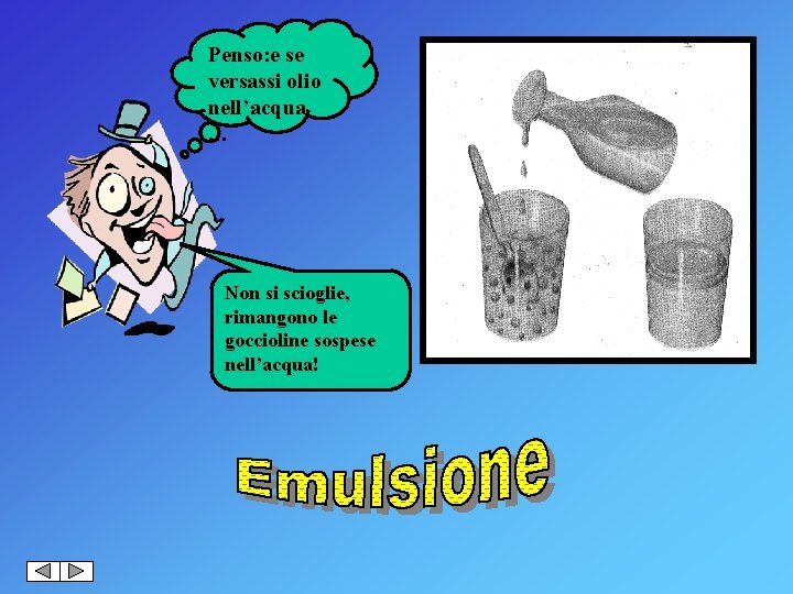 Penso: e se versassi olio nell’acqua … Non si scioglie, rimangono le goccioline sospese