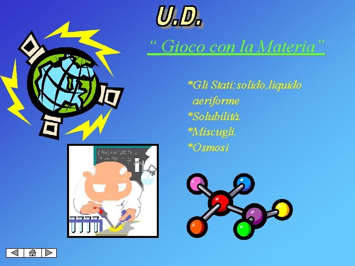 “ Gioco con la Materia” *Gli Stati: solido, liquido aeriforme *Solubilità. *Miscugli. *Osmosi 