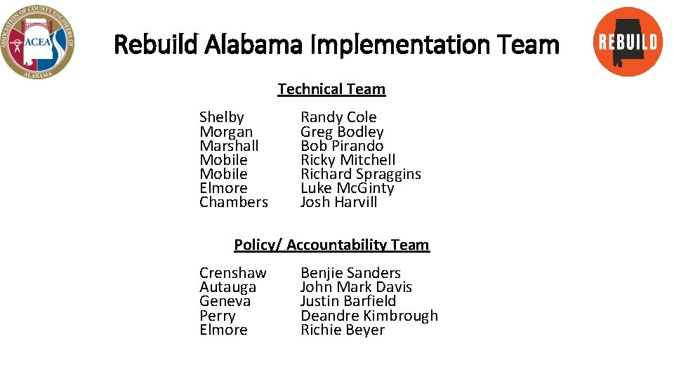 Rebuild Alabama Implementation Team Technical Team Shelby Morgan Marshall Mobile Elmore Chambers Randy Cole