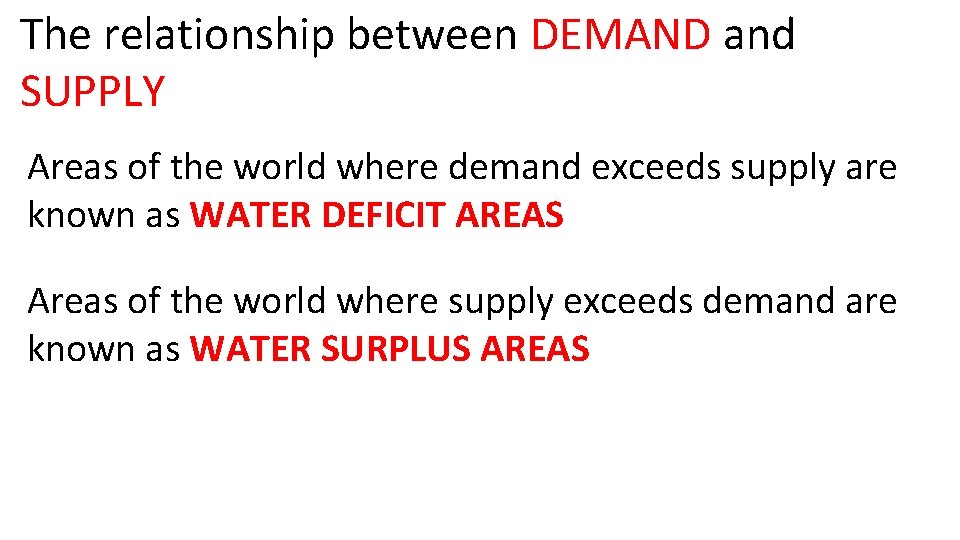 The relationship between DEMAND and SUPPLY Areas of the world where demand exceeds supply