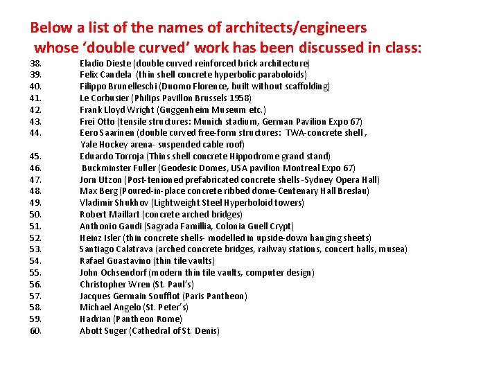 Below a list of the names of architects/engineers whose ‘double curved’ work has been