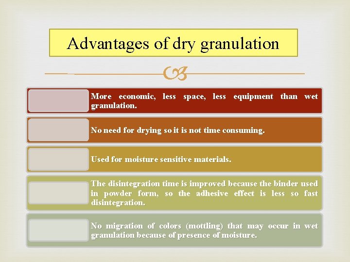 Advantages of dry granulation More economic, less space, less equipment than wet granulation. No