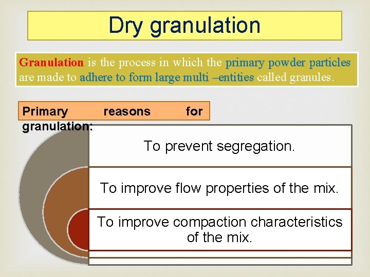 Dry granulation Granulation is the process in which the primary powder particles are made