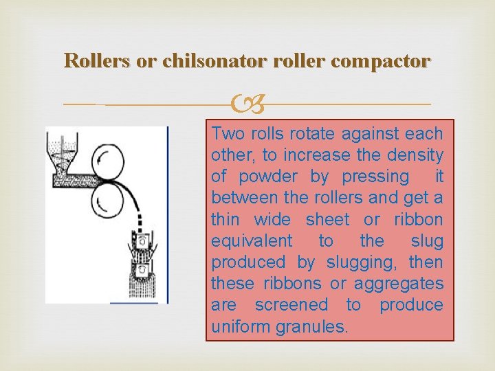 Rollers or chilsonator roller compactor Two rolls rotate against each other, to increase the