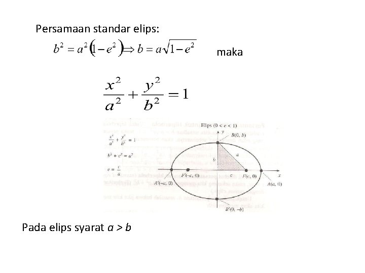 Persamaan standar elips: maka Pada elips syarat a > b 