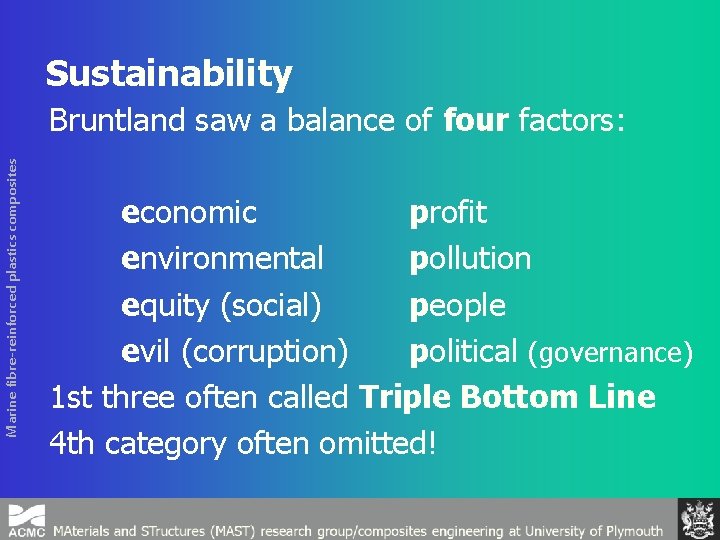 Sustainability Marine fibre-reinforced plastics composites Bruntland saw a balance of four factors: economic profit