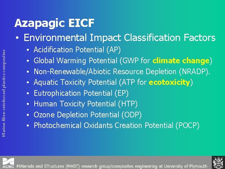 Azapagic EICF Marine fibre-reinforced plastics composites • Environmental Impact Classification Factors • • Acidification