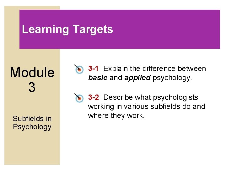 Learning Targets Module 3 Subfields in Psychology 3 -1 Explain the difference between basic