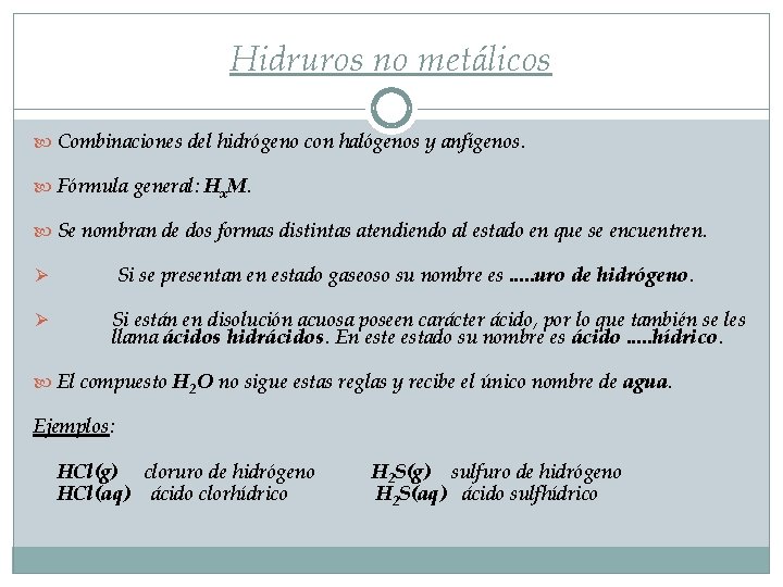 Hidruros no metálicos Combinaciones del hidrógeno con halógenos y anfígenos. Fórmula general: Hx. M.