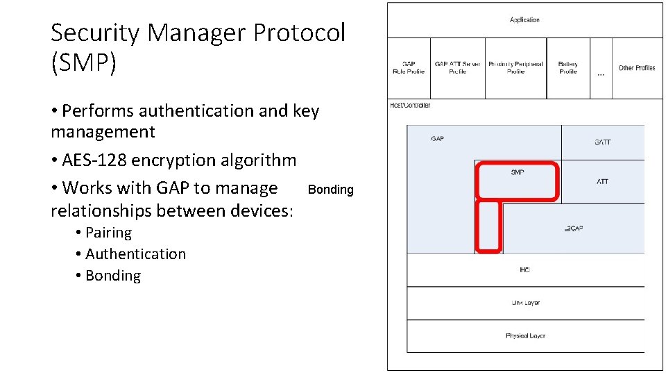 Security Manager Protocol (SMP) • Performs authentication and key management • AES-128 encryption algorithm