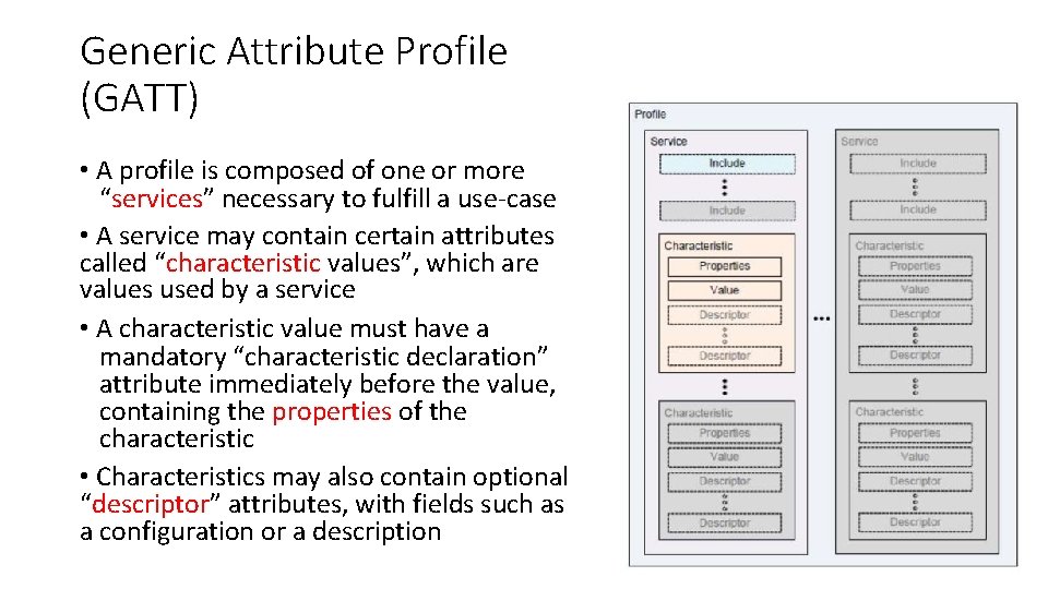 Generic Attribute Profile (GATT) • A profile is composed of one or more “services”