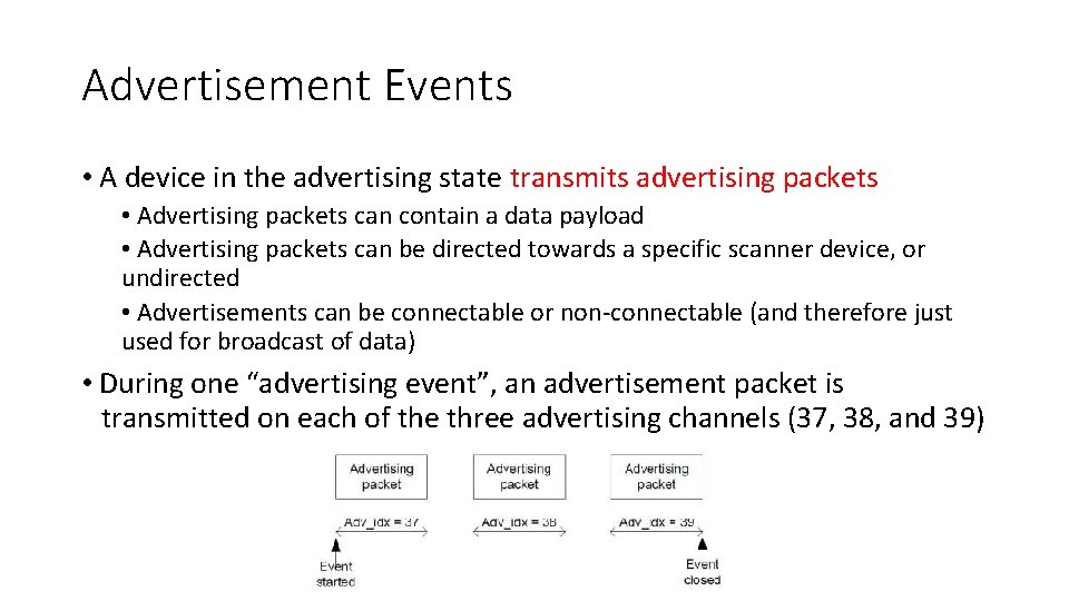 Advertisement Events • A device in the advertising state transmits advertising packets • Advertising