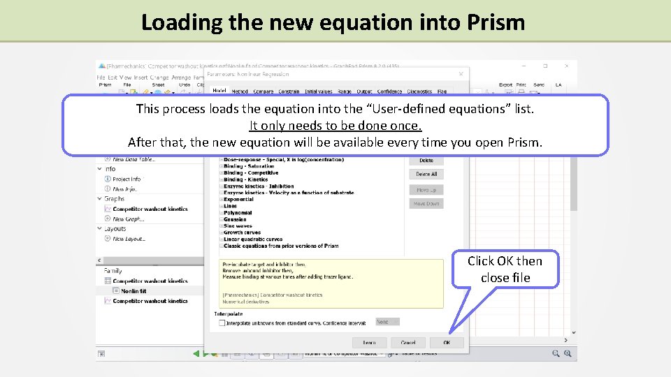 Loading the new equation into Prism This process loads the equation into the “User-defined