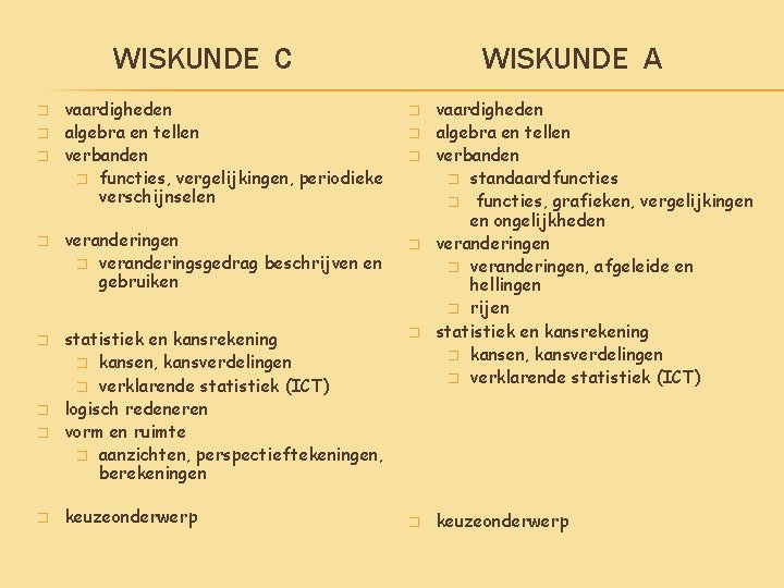 WISKUNDE C � � � � vaardigheden algebra en tellen verbanden � functies, vergelijkingen,