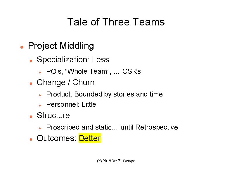 Tale of Three Teams Project Middling Specialization: Less Change / Churn Product: Bounded by