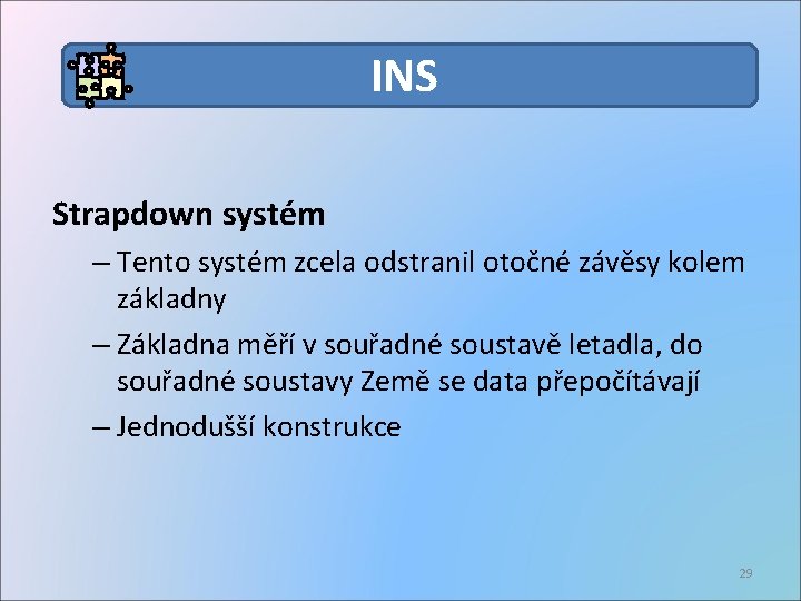 INS Strapdown systém – Tento systém zcela odstranil otočné závěsy kolem základny – Základna