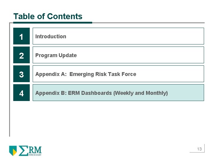 Table of Contents 1 Introduction 2 Program Update 3 Appendix A: Emerging Risk Task