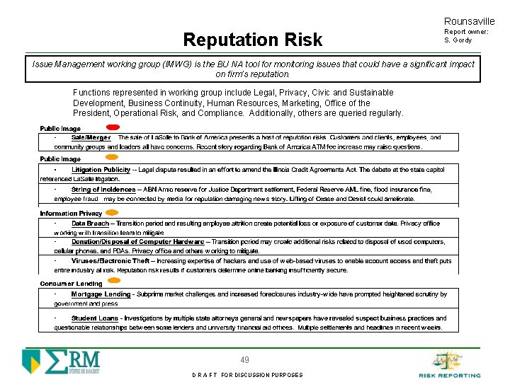 Rounsaville Reputation Risk Report owner: S. Gordy Issue Management working group (IMWG) is the