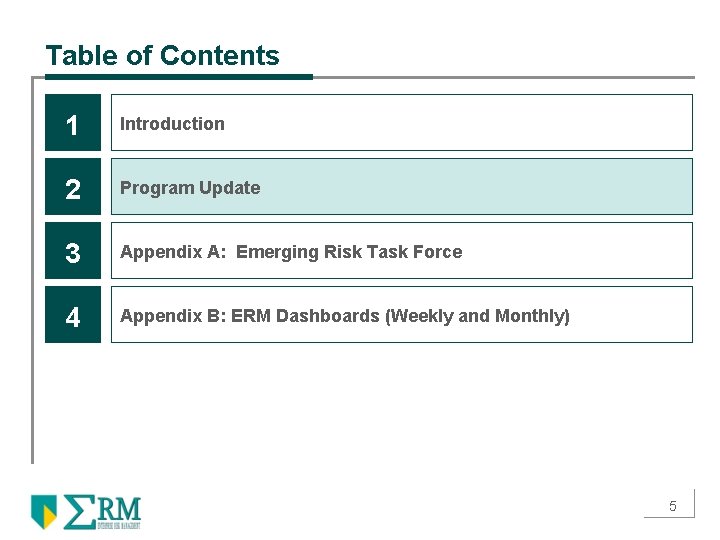 Table of Contents 1 Introduction 2 Program Update 3 Appendix A: Emerging Risk Task