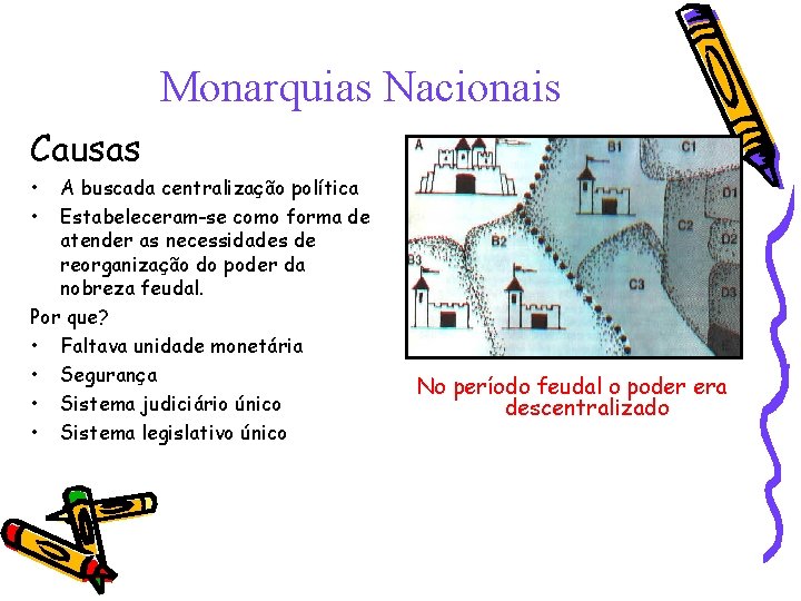 Monarquias Nacionais Causas • • A buscada centralização política Estabeleceram-se como forma de atender