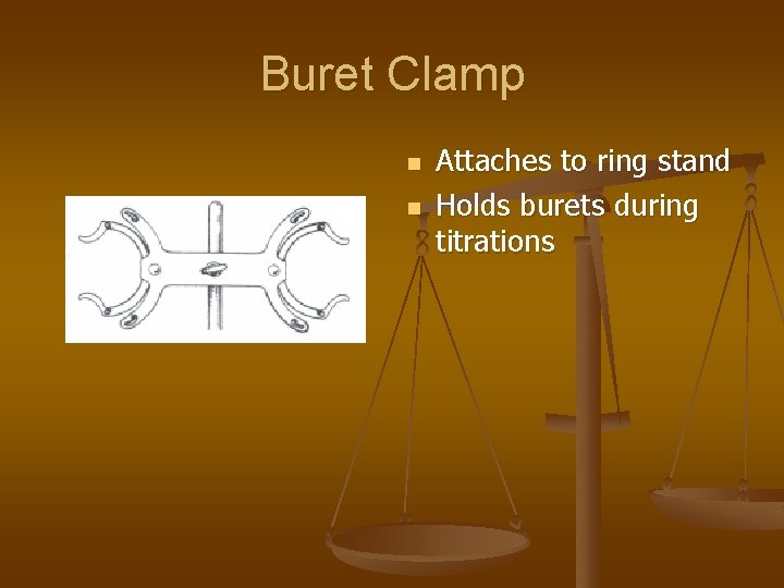 Buret Clamp n n Attaches to ring stand Holds burets during titrations 