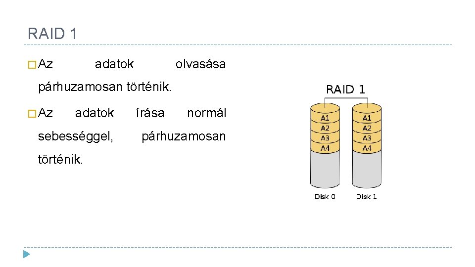 RAID 1 � Az adatok olvasása párhuzamosan történik. � Az adatok sebességgel, történik. írása
