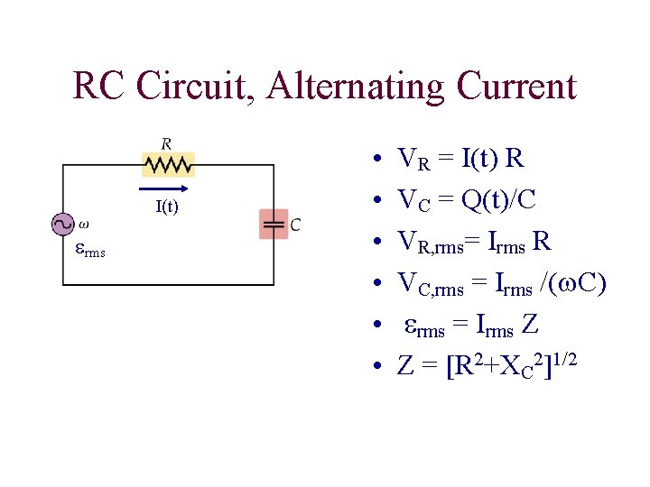 RC Circuit, Alternating Current I(t) erms • • • VR = I(t) R VC