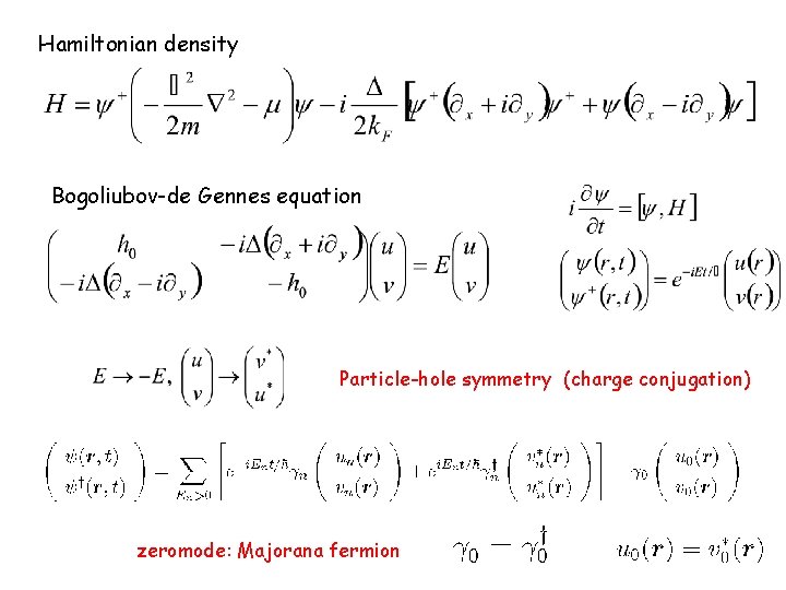Hamiltonian density Bogoliubov-de Gennes equation Particle-hole symmetry (charge conjugation) zeromode: Majorana fermion 