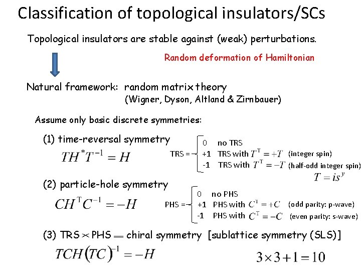 Classification of topological insulators/SCs Topological insulators are stable against (weak) perturbations. Random deformation of