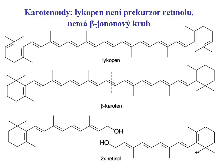 Karotenoidy: lykopen není prekurzor retinolu, nemá β-jononový kruh 47 